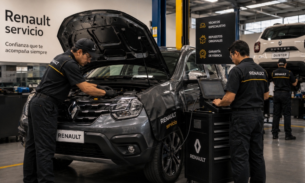 Técnicos trabajando en SUV Renault Duster en un taller autorizado.