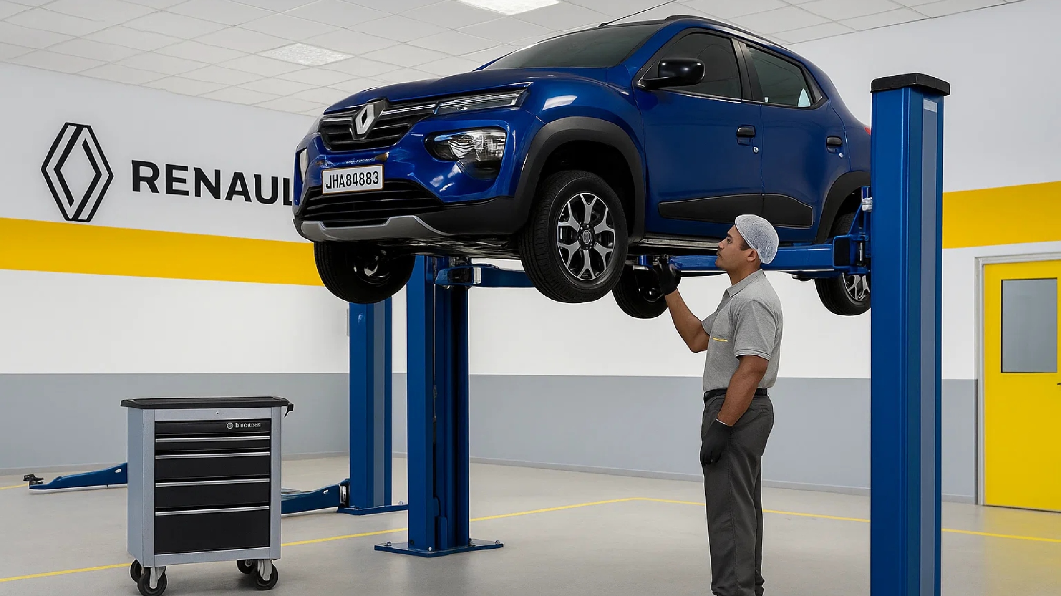 Renault Kwid color azul recibiendo un mantenimiento en un taller autorizado. 